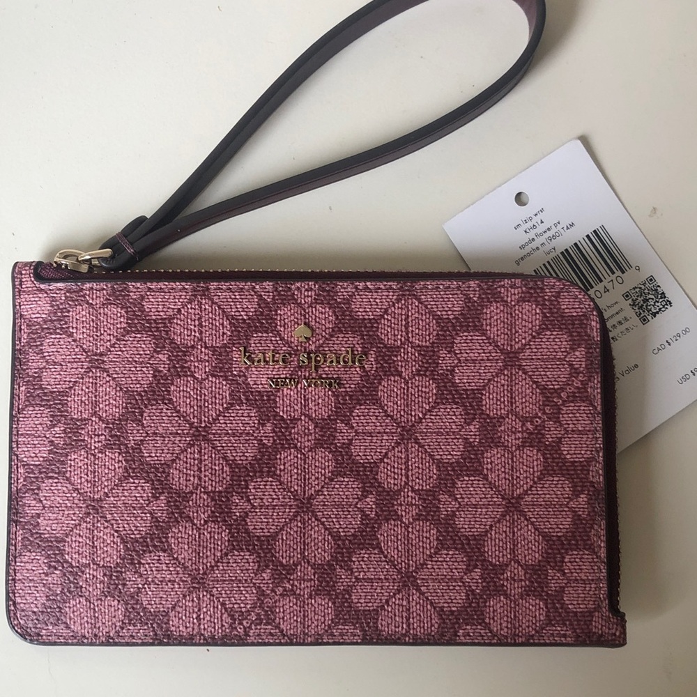 NWT Kate Spade Lucy Small Wristlet in Burgundy Maroon Grenache Spade Flower NEW